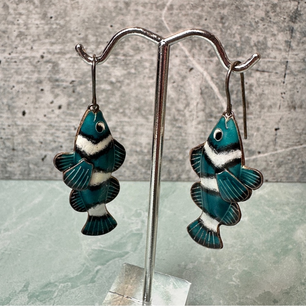 Gilt Sterling Double Sided Dimensional Enamel Clown Fish Earrings Pierced